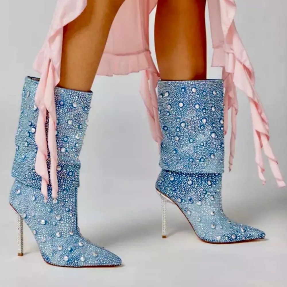 Urban Outfitters Azalea Wang Challengers Rhinestone Denim Boots Stiletto - Picture 1 of 12